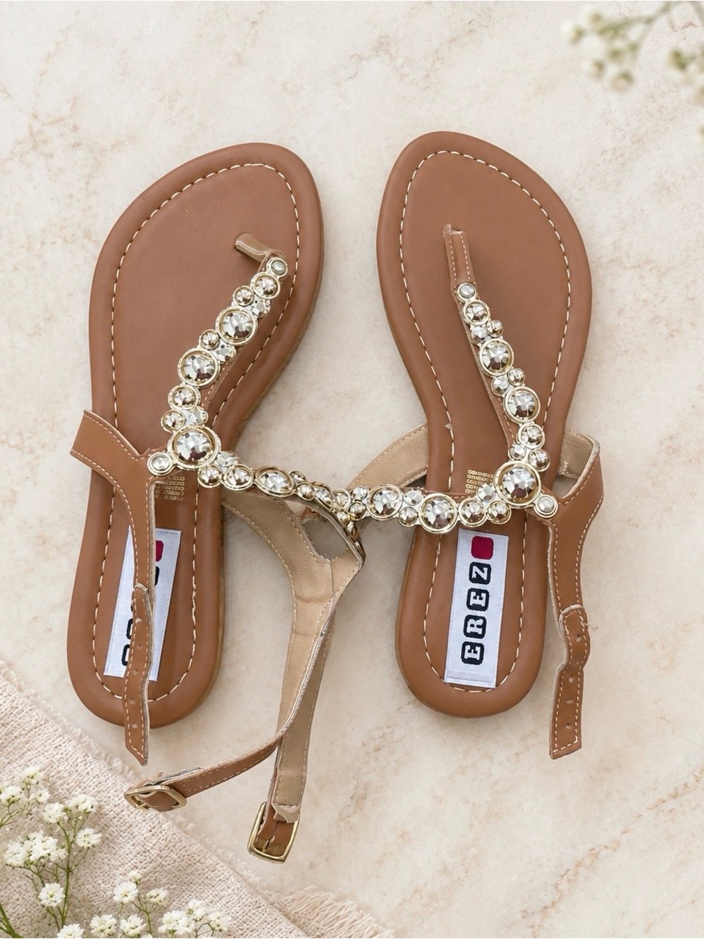 Tan Jeweled T-Strap Sandals